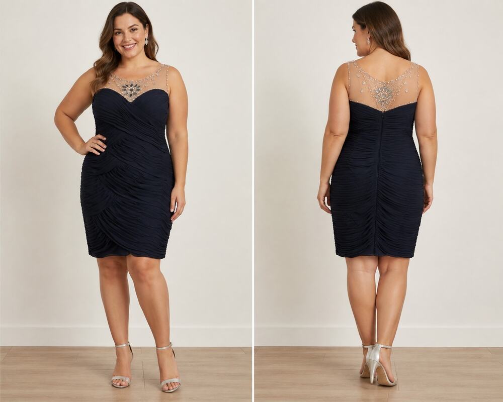 Adrianna Papell Navy Ruched Illusion Yoke Sheath Dress